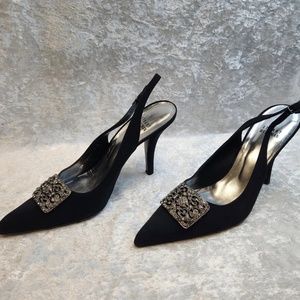 Stuart Weitzman Nouvelle Black Peau 3.5" Heels w/ Diamond Accent-Size 9M